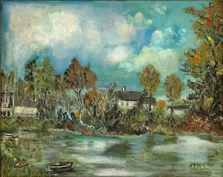 Elizabeth Fuchs (20th C) Oil on canvas "River Bank Village"