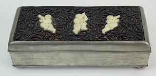 Chinese Pewter Box with Carved Lacquer Top Inset with Relief Carved Ivory Figures of Boys.