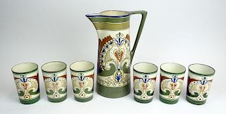 20th Century Arnhem Holland Marantha Glazed Pottery Pitcher and Six (6) Cup Set.