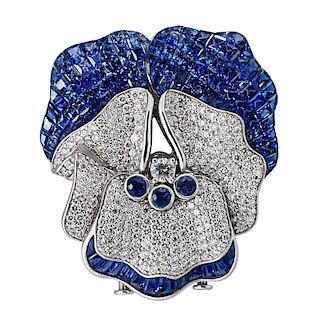 DIAMOND AND SAPPHIRE 18K WHITE GOLD PANSY FUR CLIP