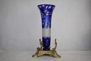 Nicely Engraved Bohemian Blue Vase