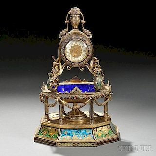 Continental Silver, Gilt-metal, Enamel, and Jeweled Fountain-form Clock