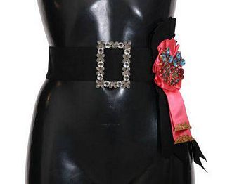 DOLCE & GABBANA Black Pink Ribbon Crystal Jeweled Belt