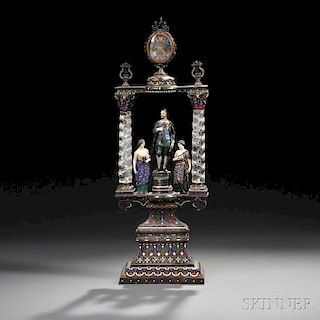 Silver, Enamel, and Rock Crystal Figural Architectural Clock