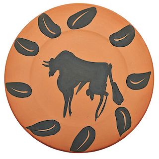 PICASSO; MADOURA Plate, "Bull, rim with leaves"