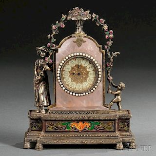 Viennese Silver, Enamel, Jeweled, and Rose Quartz Clock