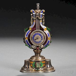 Viennese Silver, Enamel, and Jeweled Clock