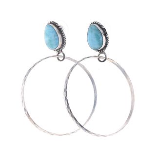 Navajo Elouise Kee Silver & Larimar Hoop Earrings
