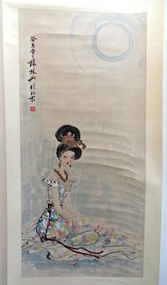 Chines Watercolor Scroll: Woman In Colorful Dress