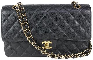 CHANEL BLACK QUILTED CAVIAR MEDIUM DOUBLE CLASSIC FLAP GOLD CHAIN BAG