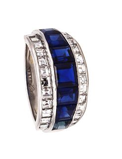 French 5.82 Ctw Diamonds & Sapphires Art-Deco platinum Ring 