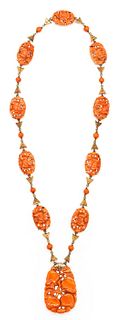Art Deco chinoiserie necklace in 14k gold with Coral