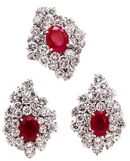 Gia Certif. 25.87 Ctw Diamonds & Burma Rubies Ring & Earrings