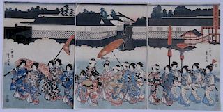 Shigenobu Utagawa triptych woodblocks