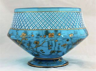 Important Large Moser Turquoise Glass Gold Painted