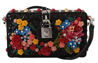 DOLCE & GABBANA BLACK LEATHER SEQUINED CRYSTAL ROSES