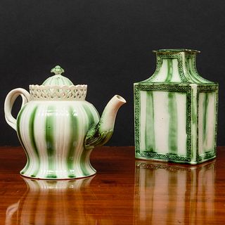 English Green Glazed Creamware Teapot with Heart-Shaped Gallery and a Rectangular Tea Caddy