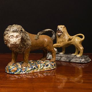 Two Staffordshire Pearl Glazed Models of Lions