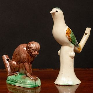 Staffordshire Glazed Earthenware Bird Whistle and a Monkey Form Whistle