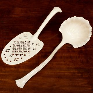 English Creamware Large Soup Ladle and Pierced Trowel