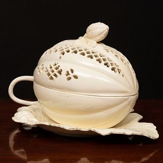 English Creamware Melon Form Cream Tureen and Cover on Fixed Stand