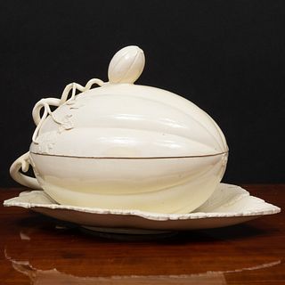 English Creamware Melon Form Sauce Tureen and Cover on a Fixed Stand