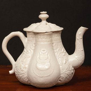 Staffordshire Salt Glazed Stoneware Pear Shaped Quatrefoil Teapot and Cover