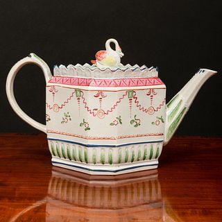 English Pearl Glazed Earthenware Faceted Teapot and Cover