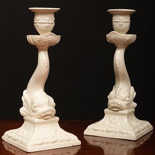 Pair of Creamware Dolphin Form Candlesticks, Probably Leeds