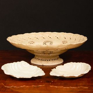 English Creamware Basket and a Pair of Shell Shaped Dishes