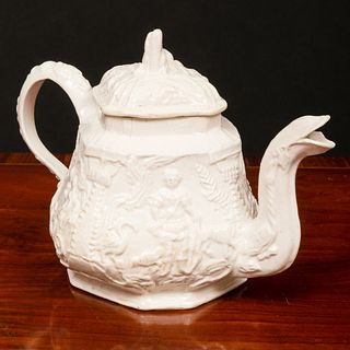 Small Staffordshire Salt Glazed Earthenware Teapot and Cover Molded with Mythological Scenes