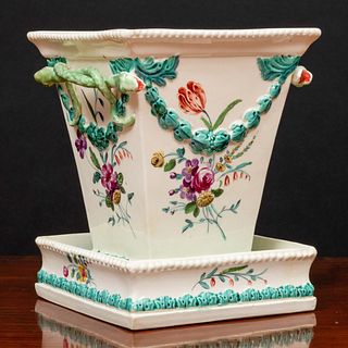 Neale & Co. Polychrome Creamware Cache Pot and Underplate