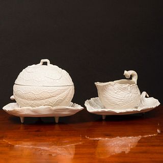 Staffordshire Salt Glazed Earthenware Melon Form Tureen, a Leaf Shaped Sauce Boat and Two Stand