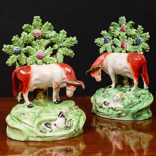 Pair of Staffordshire Earthenware Bocage Cow Groups