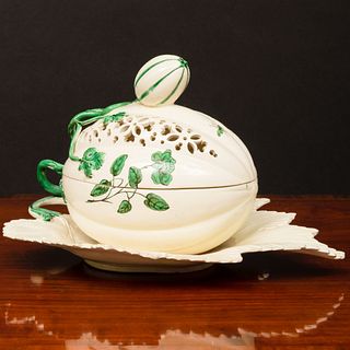 English Polychromed Creamware Melon Tureen and Cover on Fixed Stand