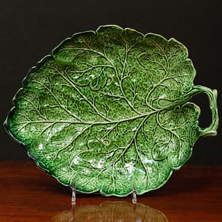 Two Staffordshire Green Glazed Earthenware Leaf Shaped Dishes and a Plate with Melon Molded Rim