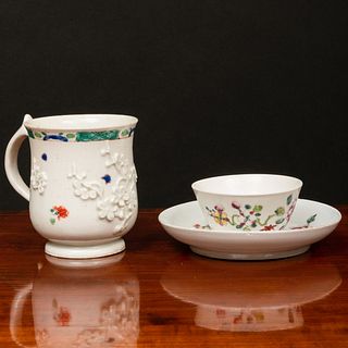 Bow Porcelain Famille Rose Teabowl and Saucer and a Mug