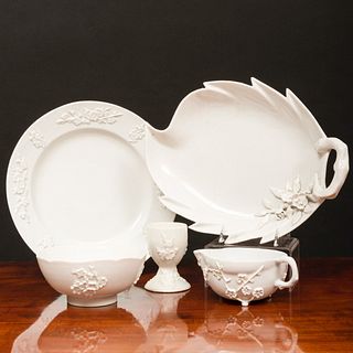 Group of Bow White Glazed Wares Molded with Prunus