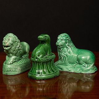 Three Staffordshire Green Glazed Earthenware Figures of Animals