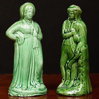Staffordshire Green Glazed Earthenware Figure of a Highwayman and a Figure of a Lady 