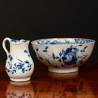 Worcester Blue and White Porcelain Jug and a Pearl Glazed Waste Bowl