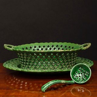 English Green Glazed Earthenware Basket and Underplate, and a Ladle