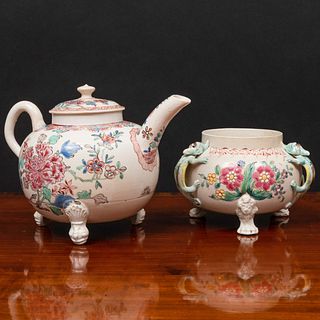 Staffordshire Enameled Earthenware Chinoiserie Teapot and Cover and a Similar Sugar Bowl