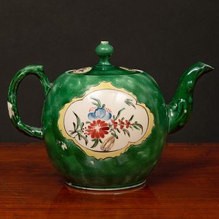 Staffordshire Salt Glazed Green Ground Stoneware Spherical Teapot and Cover