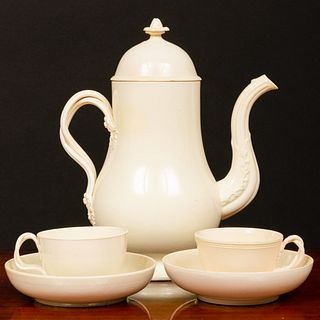 English Creamware Coffee Pot and Two Cups and Saucers