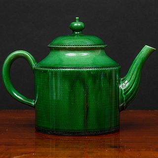 Staffordshire Green Glazed Earthenware Cylindrical Teapot and Cover