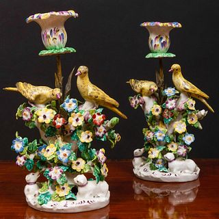 Pair of English Porcelain 'Birds in Branches' Candlesticks, Probably Derby