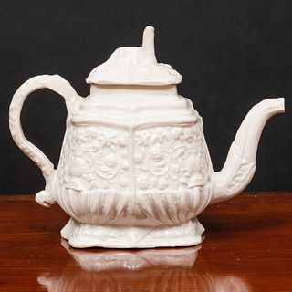 Miniature Staffordshire White Salt Glazed Earthenware Square Teapot and Cover with Salamander Finial
