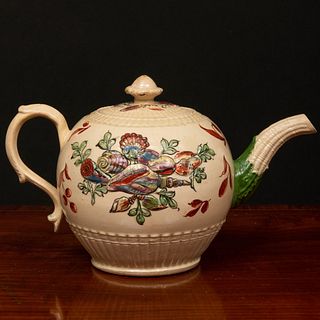 William Greatbatch Staffordshire Enameled Creamware Teapot and Cover Molded with Shells and Seaweed