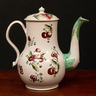 Staffordshire White Salt Glazed Earthenware Enameled Baluster Form Coffee Pot and Cover
